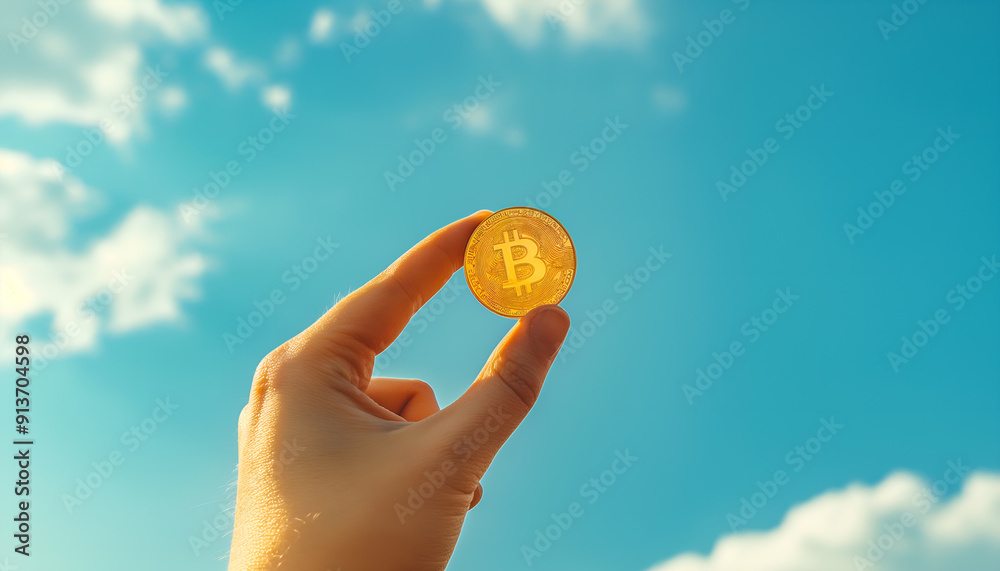 A Gold coin held in hand raised against blue sky A Gold coin held in hand raised against blue sky