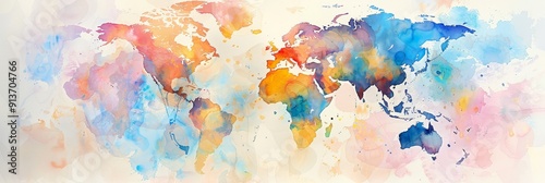 Panel kuchenny z motywem A vibrant watercolor world map depicts global interconnectedness, symbolizing unity, diversity, travel, exploration, and international collaboration.