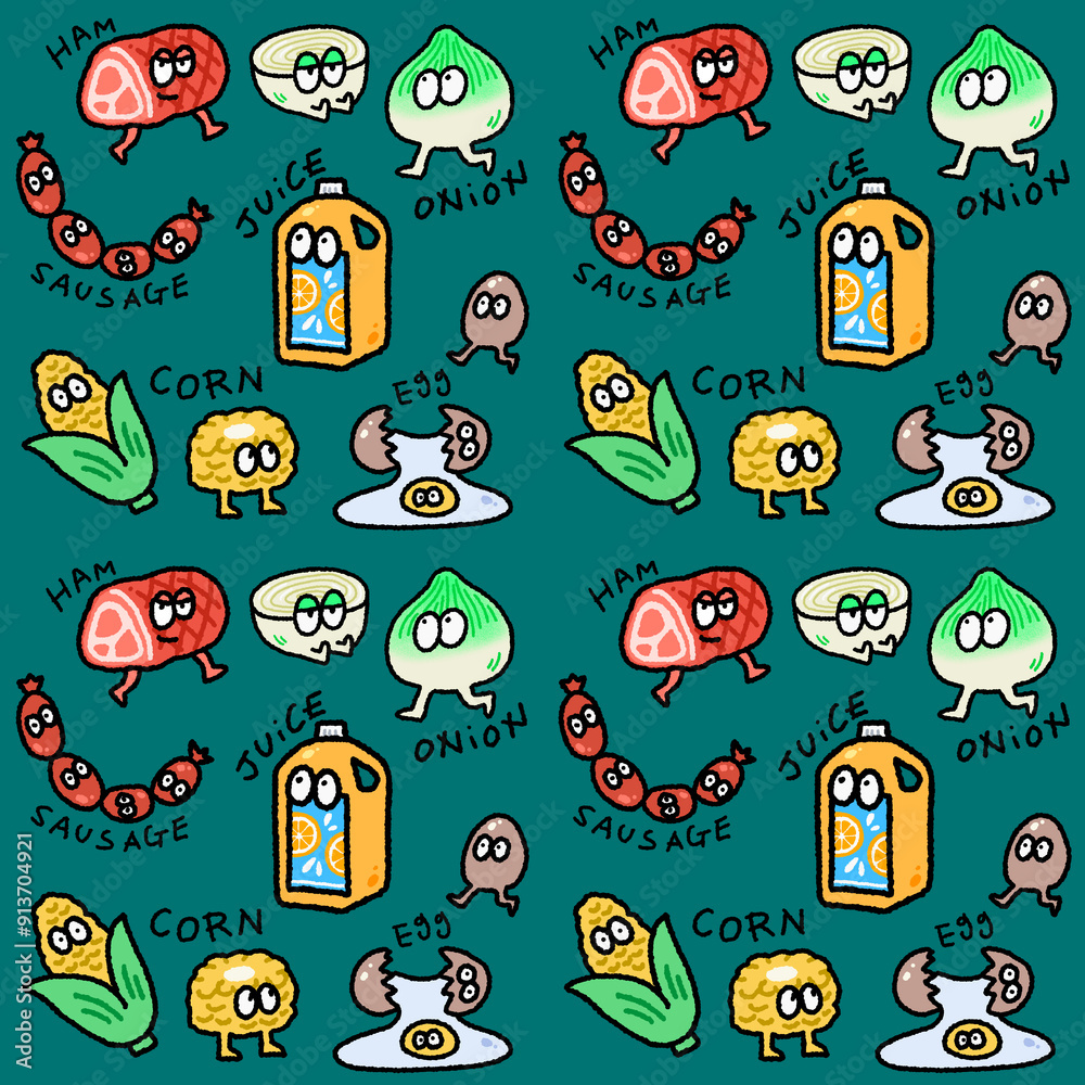 Naklejka premium seamless pattern of grocery friends cartoon character for groovy fun repeatable background