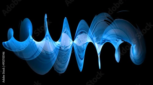 4K Video of blue wave-like shapes on a black background. The waves vary in size and shape, creating a dynamic and fluid visual effect.