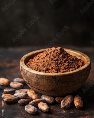 Wooden bowl filled with cocoa powder surrounded by cocoa beans, showcasing natural ingredients for baking and desserts.