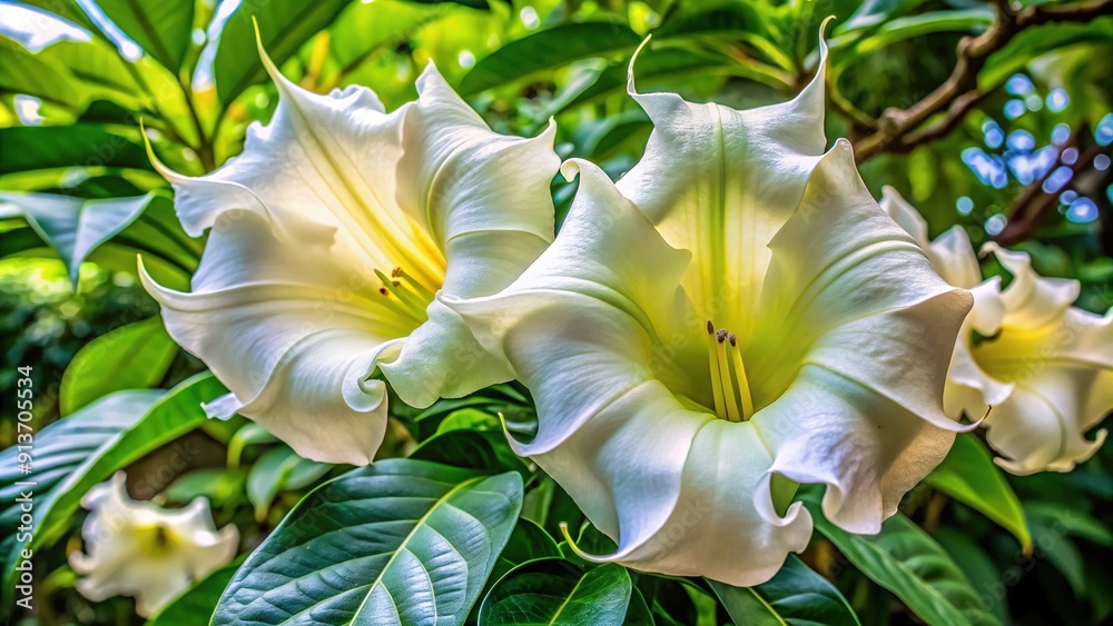 Solandra Tree Vibrant close-up of Solandra grandiflora's large white blooms ...
