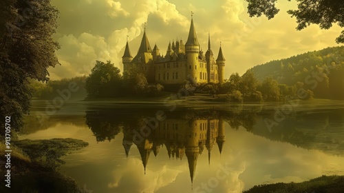 Wallpaper Mural A castle overlooking a tranquil lake, with its reflection creating a symmetrical and peaceful scene Torontodigital.ca