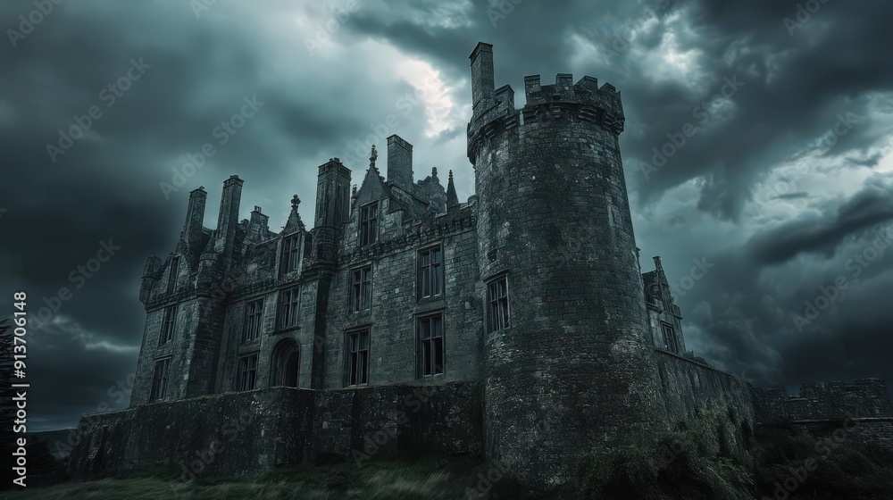 A castle with a backdrop of dramatic storm clouds, highlighting its imposing A castle with a backdrop of dramatic storm clouds, highlighting its imposing