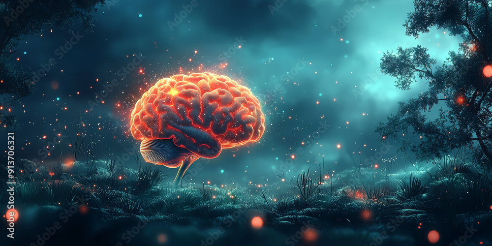 Obraz premium Glowing brain with swirling patterns depicting machine intelligence and data processing. Brainpower concept