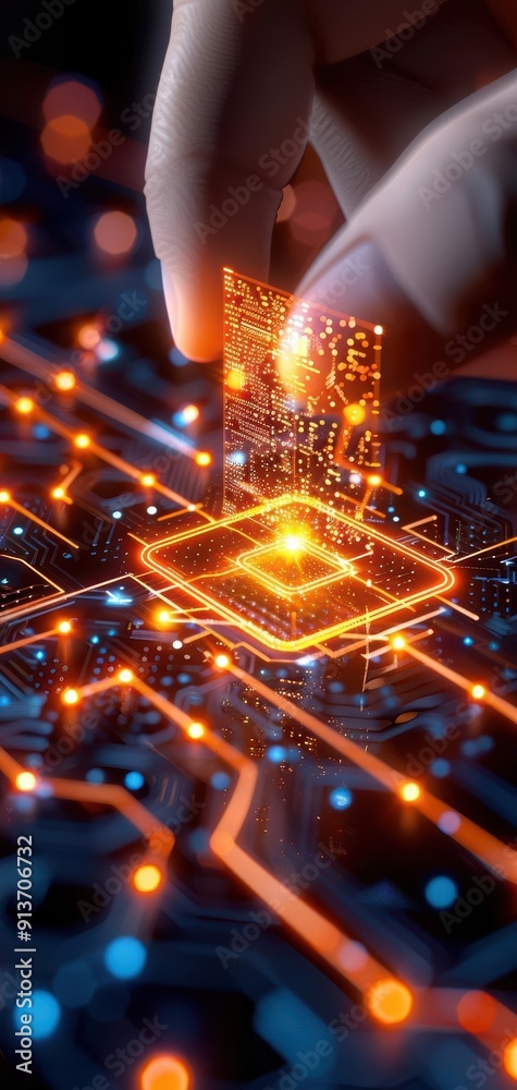 Close-up of a hand installing a microchip on a circuit board, showcasing intricate details and glowing connections in technology. Close-up of a hand installing a microchip on a circuit board, showcasing intricate details and glowing connections in technology.