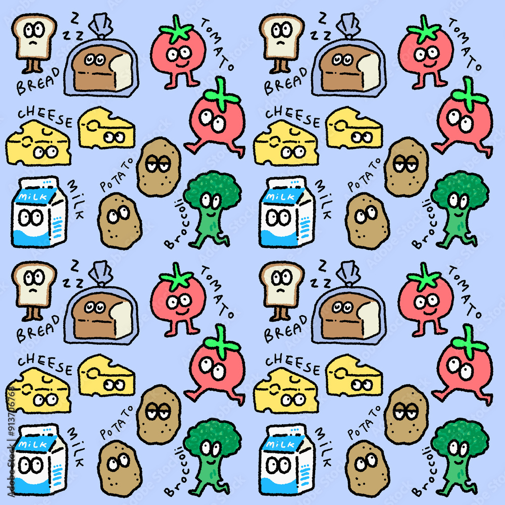 seamless pattern of grocery friends cartoon character for groovy fun repeatable background seamless pattern of grocery friends cartoon character for groovy fun repeatable background