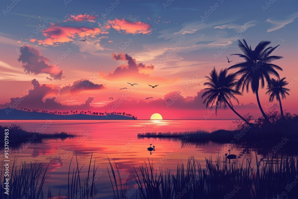 a sunset with palm trees and water a sunset with palm trees and water