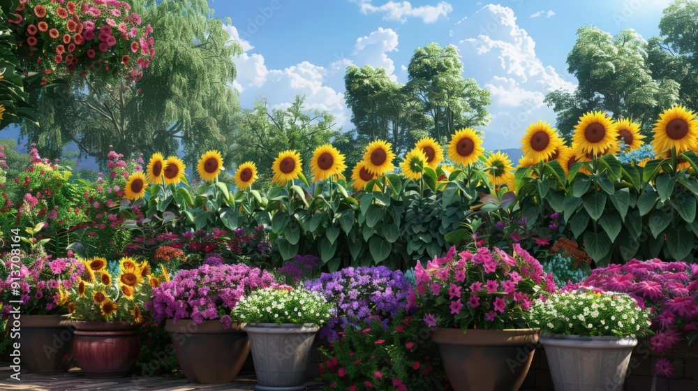 A charming flower garden featuring bright sunflowers, elegant lilies, and vibrant petunias, all flourishing in well-organized garden beds A charming flower garden featuring bright sunflowers, elegant lilies, and vibrant petunias, all flourishing in well-organized garden beds
