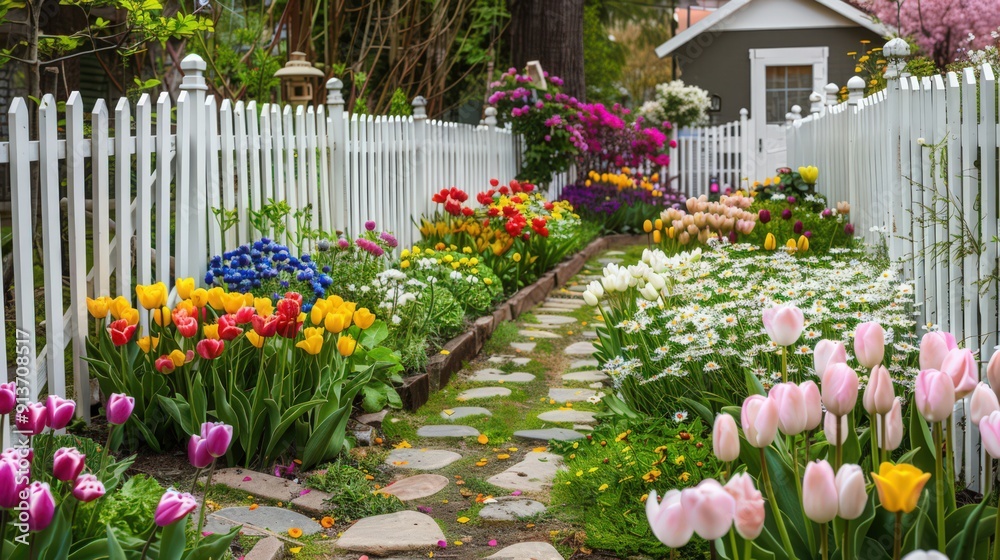 A charming flower garden with rows of vibrant tulips, cheerful daisies, and fragrant roses, bordered by a white picket fence and a stone pathway A charming flower garden with rows of vibrant tulips, cheerful daisies, and fragrant roses, bordered by a white picket fence and a stone pathway