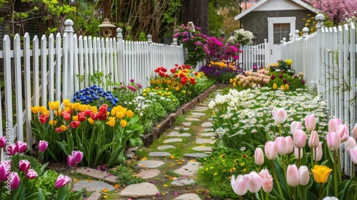 A charming flower garden with rows of vibrant tulips, cheerful daisies, and fragrant roses, bordered by a white picket fence and a stone pathway