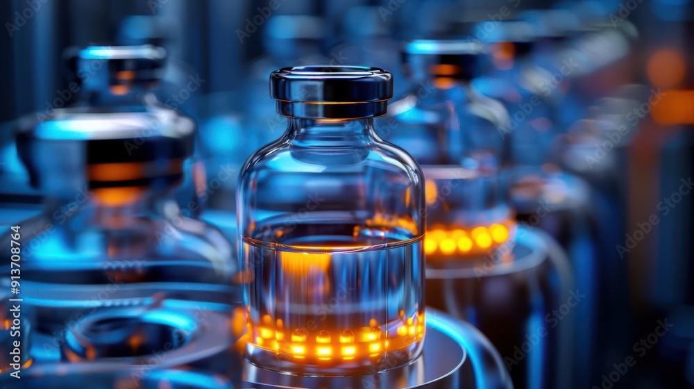 Close-up of glass vials with shimmering liquid in a modern laboratory setting, showcasing advanced pharmaceutical technology. Close-up of glass vials with shimmering liquid in a modern laboratory setting, showcasing advanced pharmaceutical technology.