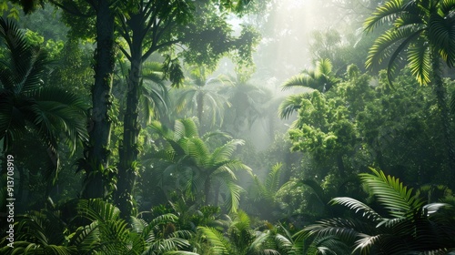 Fototapeta Naklejka Na Ścianę i Meble -  view Tropical dense forest and environmental technology. Wide angle visual for banners