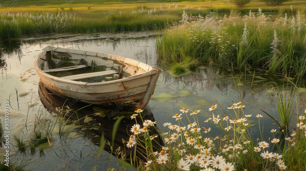 A charming rural pond with a rustic wooden boat moored at the edge, surrounded by wildflowers and tall grasses gently swaying in the breeze. A charming rural pond with a rustic wooden boat moored at the edge, surrounded by wildflowers and tall grasses gently swaying in the breeze.