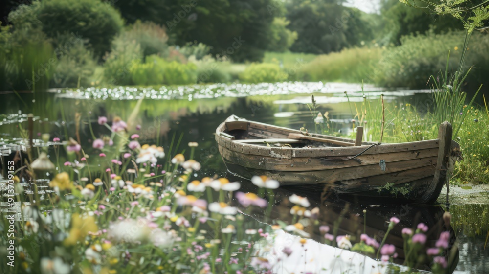 A charming rural pond with a rustic wooden boat moored at the edge, surrounded by wildflowers and tall grasses gently swaying in the breeze. A charming rural pond with a rustic wooden boat moored at the edge, surrounded by wildflowers and tall grasses gently swaying in the breeze.