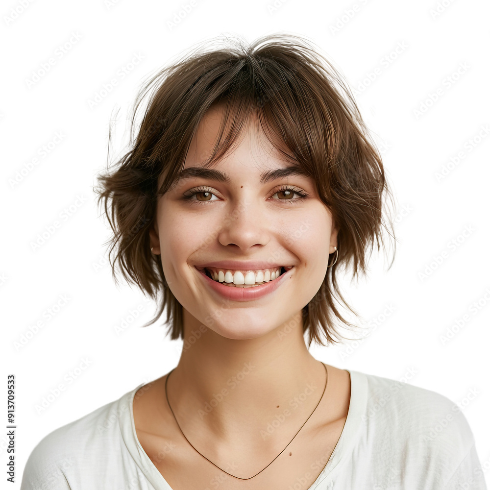 A woman with short hair and a white shirt is smiling A woman with short hair and a white shirt is smiling