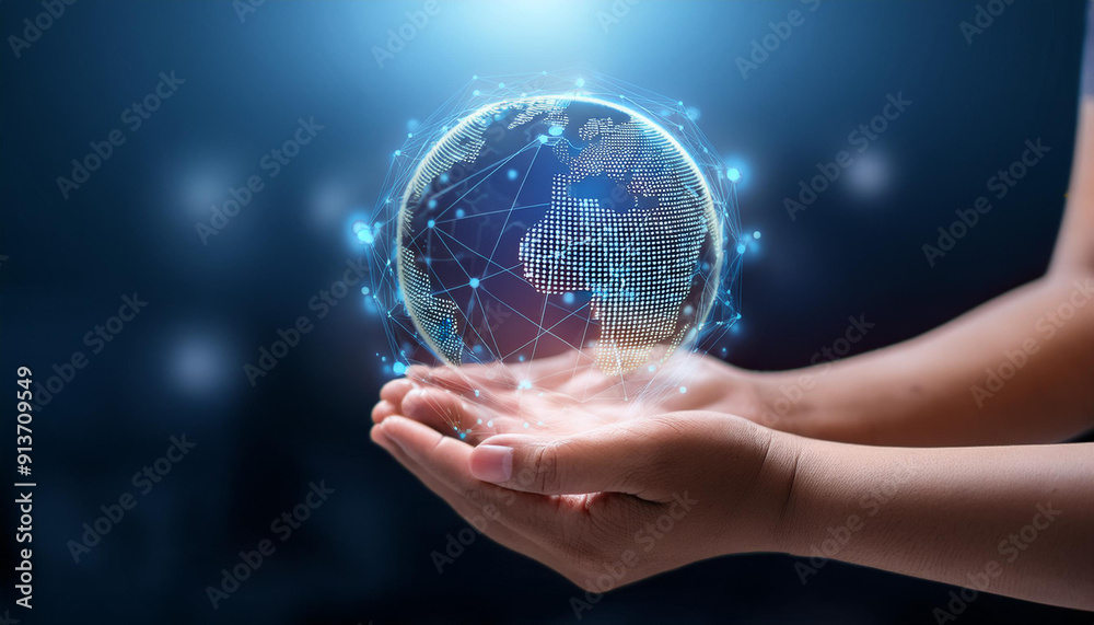 side view of palm hands with earth blue hologram line on dark background side view of palm hands with earth blue hologram line on dark background