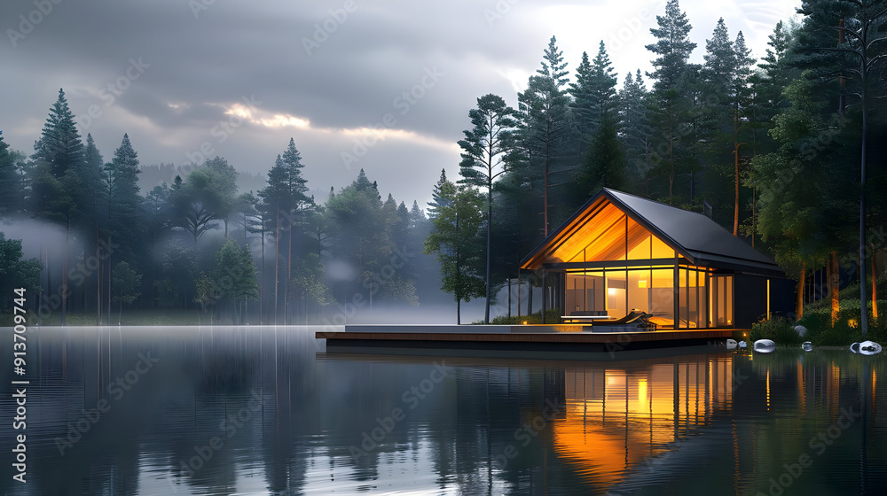 Modern Cabin on Lake with Foggy Forest Background 3D Illustration