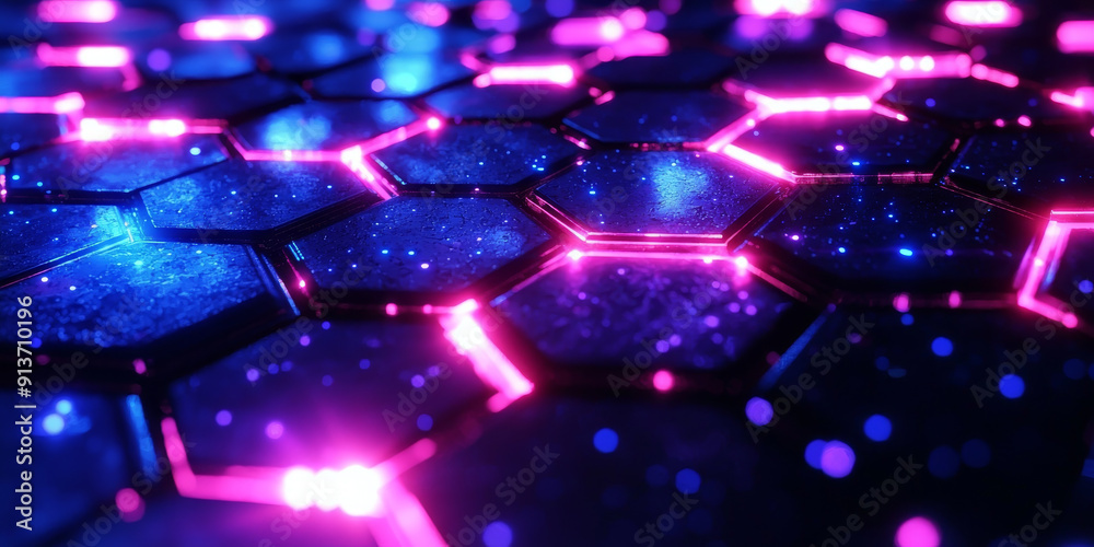 Hexagonal geometric shapes glowing on a dark blue background, reflecting a technology concept Hexagonal geometric shapes glowing on a dark blue background, reflecting a technology concept