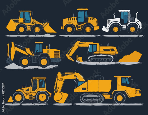 Heavy Transportation Cars and Construction Equipment for Building. Bulldozer, Excavator, Dump Truck and Concrete Mixe
