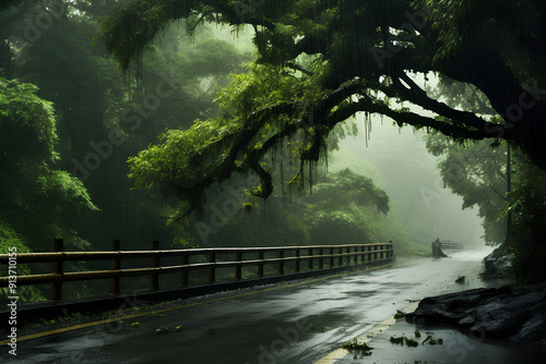 heavy rain in the trees with a bridge road in the background photo