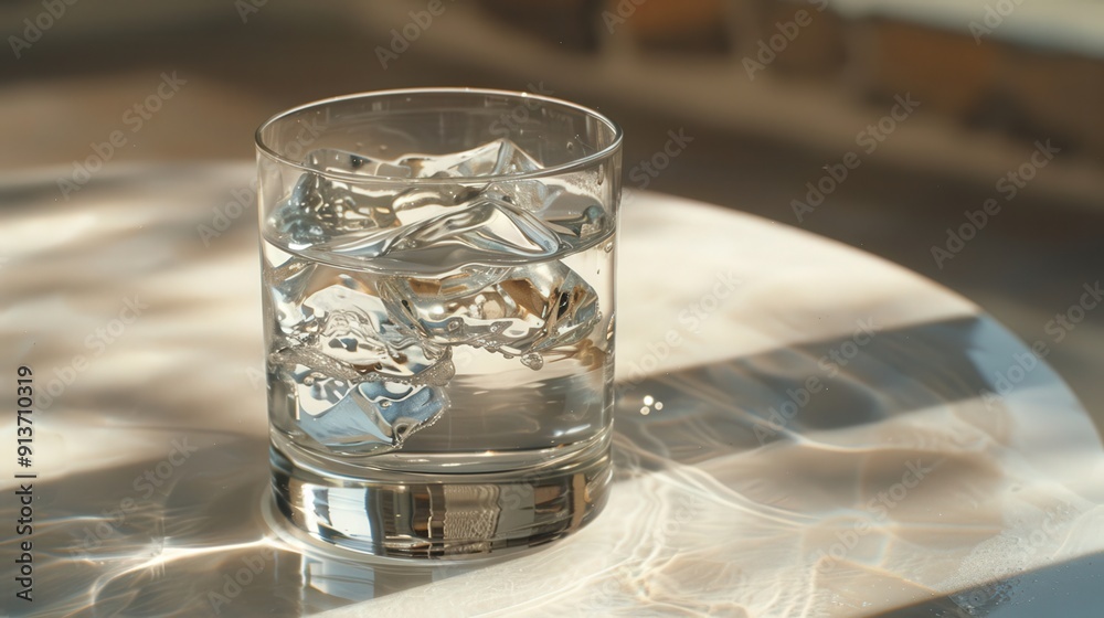 A clear, untouched glass of water with a few ice cubes, sitting on a table and reflecting the light to emphasize its purity. A clear, untouched glass of water with a few ice cubes, sitting on a table and reflecting the light to emphasize its purity.