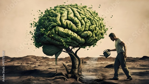 Surreal brain tree in a desolate land and a determined person watering it using a sprinkling can. Man splashes the green shrub using a water pot, taking care of mental health. Human mind concept