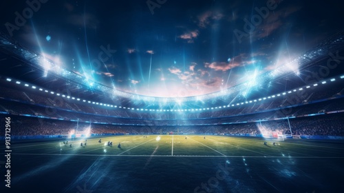 Illuminated american football stadium at night: bright stadium lights over a professional sports field, perfect for football game backgrounds and event promotions 