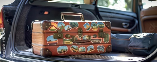 Retro suitcase with travel stickers, placed next to an open car trunk, road trip, preparation and excitement, copy space for text