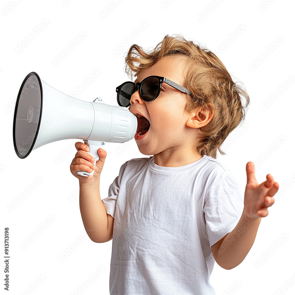 Fototapeta premium A young boy is holding a megaphone and wearing sunglasses. Concept of fun and playfulness