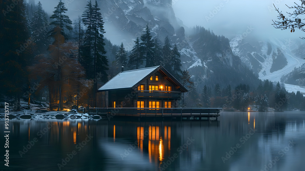 Cozy Cabin on a Mountain Lake in the Snow - Landscape Photography Cozy Cabin on a Mountain Lake in the Snow - Landscape Photography