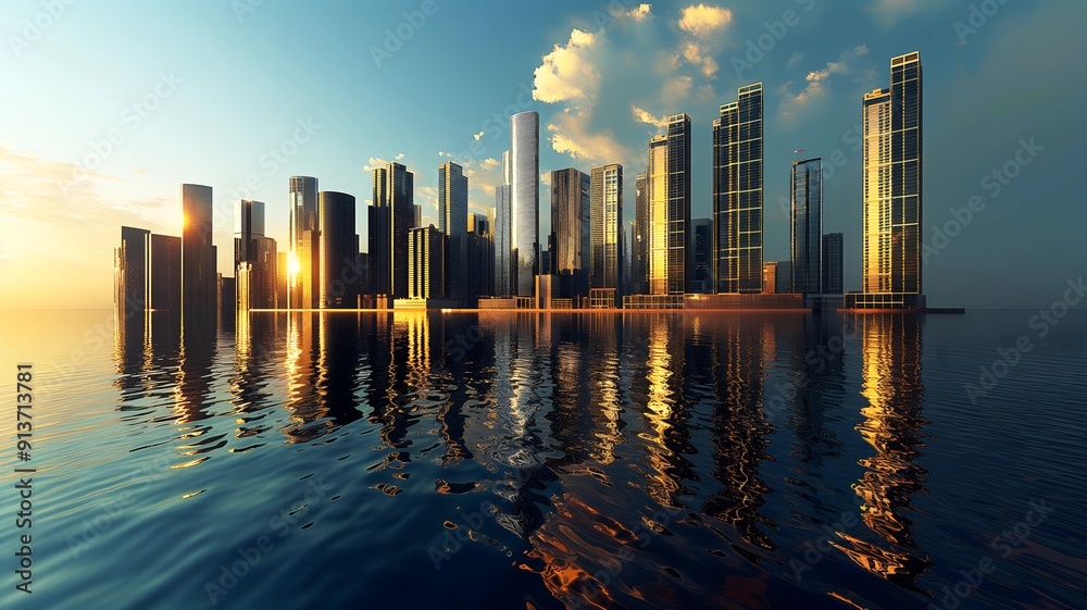 Coastal city skyline at golden hour with modern skyscrapers reflecting on water Coastal city skyline at golden hour with modern skyscrapers reflecting on water