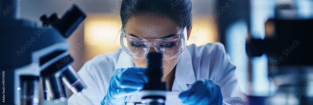 a woman in a lab coat is looking at a microscope a woman in a lab coat is looking at a microscope