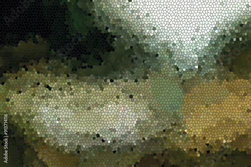 mosaic effect with a blended greens, browns, and whites overlapping polygonal colors that create a textured appearance and form an indistinct abstract form.