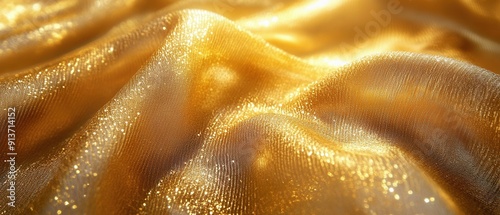 Textured gold fabric with shimmering threads and intricate weaving patterns catching sunlight photo