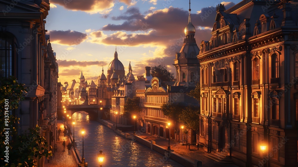 Fototapeta premium Vintage European cityscape at golden hour, showcasing classic architecture and tranquil canals