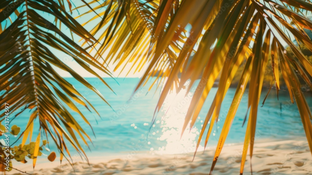Fototapeta premium Tropical Paradise: A Glimpse of Serenity Through Palm Fronds