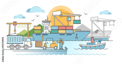 Commercial port harbor dock with container ship unloading outline concept, transparent background.Industrial water transportation and trade logistics illustration.