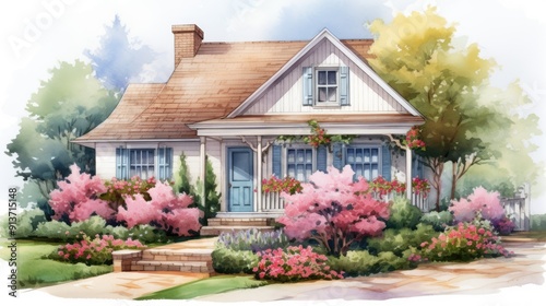 Cute farmhouse exterior with front yard flower bed