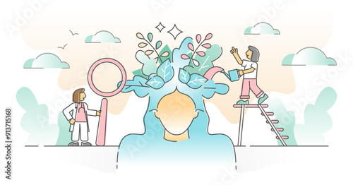 Mental health care with mind psychological balance therapy outline concept, transparent background. Thoughts emotional control and positive mood help from medics and doctors illustration.