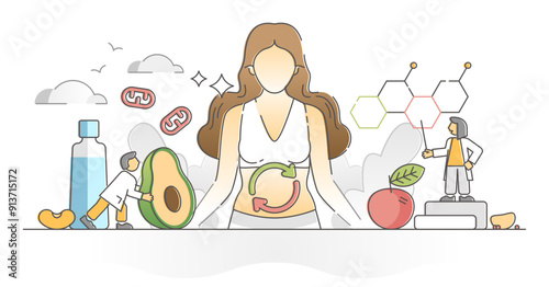 Metabolism chemical reaction as food conversion to energy outline concept, transparent background. Digestive system proteins or lipids regulation with metabolic waste illustration.