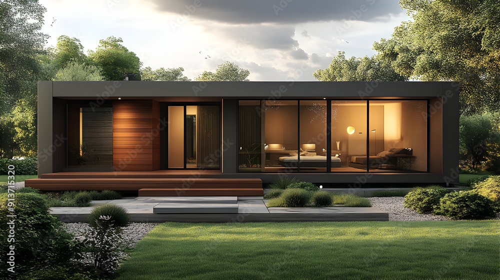 Modern home exterior with large windows and a wooden deck. Modern home exterior with large windows and a wooden deck.