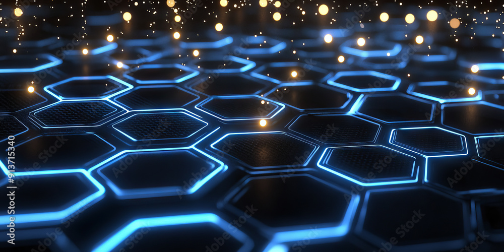 Hexagonal geometric shapes glowing on a dark blue background, reflecting a technology concept Hexagonal geometric shapes glowing on a dark blue background, reflecting a technology concept