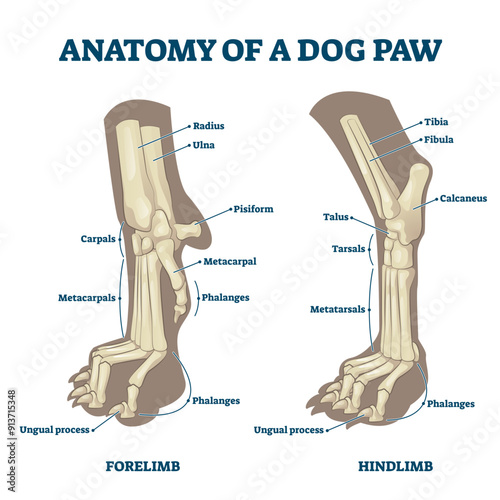 Anatomy of dog paws with forelimb and hindlimb bones illustration, transparent background. Educational labeled skeleton comparison with zoological inside structure scheme.