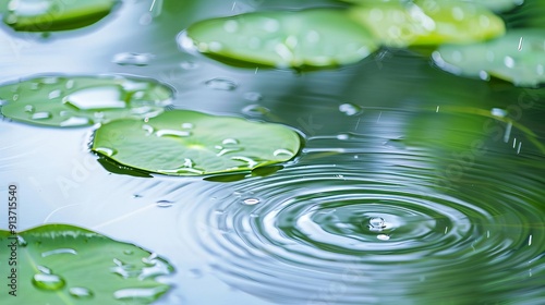 Drizzle creating ripples in a pond with lilies, weather forecast, natural beauty