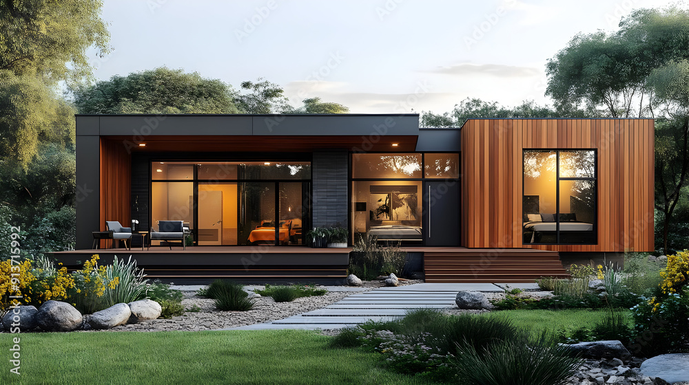 Modern House with Wooden Siding and Patio 3D Illustration Modern House with Wooden Siding and Patio 3D Illustration