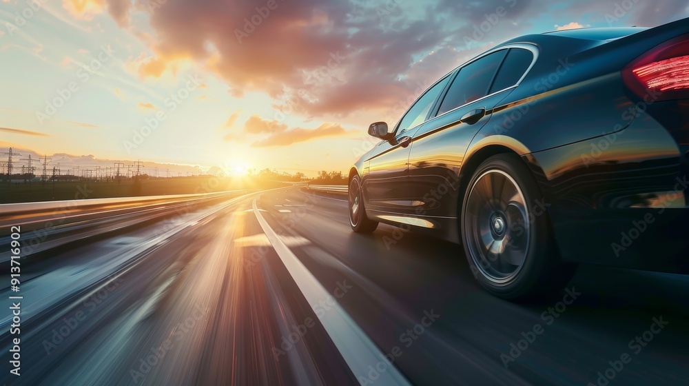 A black sedan speeds down the highway at dawn or sunset, seen from the side while traveling by car. A black sedan speeds down the highway at dawn or sunset, seen from the side while traveling by car.