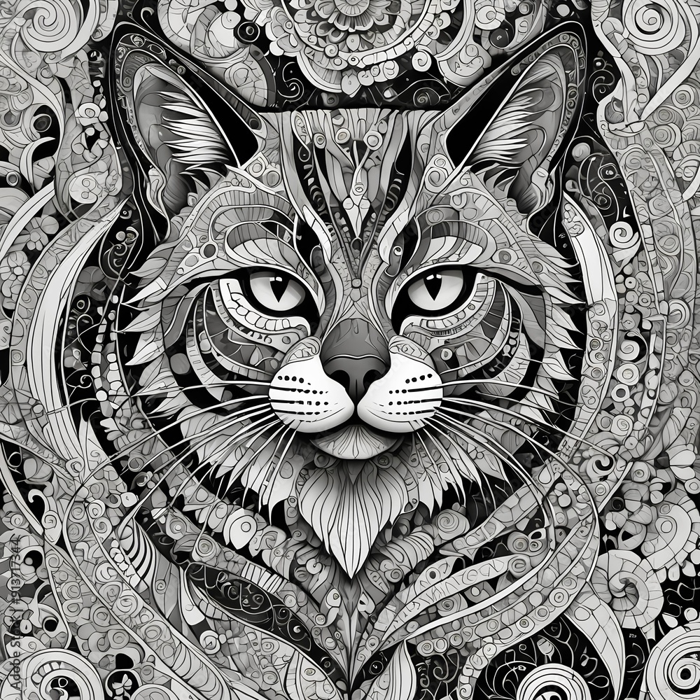 Floral Elegance, A Cat’s Face Detailed in Fine Linework and Shading Floral Elegance, A Cat’s Face Detailed in Fine Linework and Shading