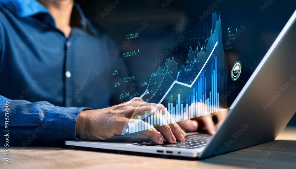 Businessman hands or stock trader analyzing stock graph chart Forex charts by indicator using laptop to buy or sell stock. Generated image Businessman hands or stock trader analyzing stock graph chart Forex charts by indicator using laptop to buy or sell stock. Generated image