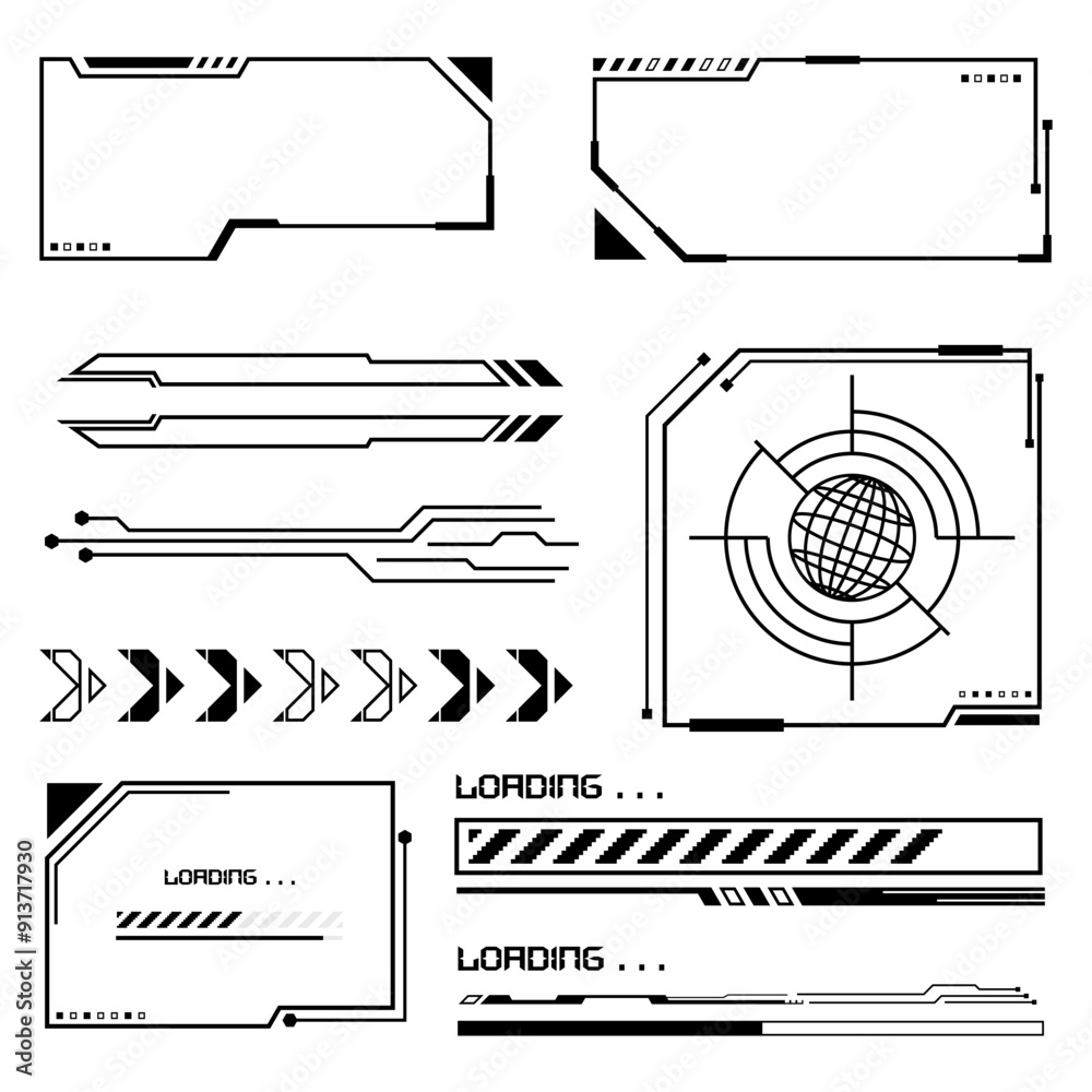 Futuristic cyberpunk interface elements for streetwear design, loading ...